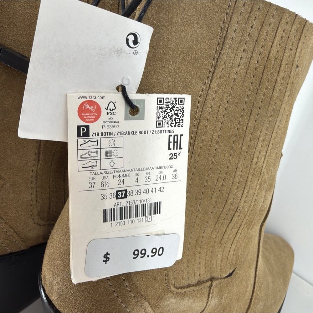 Zara Western Booties Calf Block Heel Tan Suede Boots Women Size 37 US6.5 - Picture 8 of 12